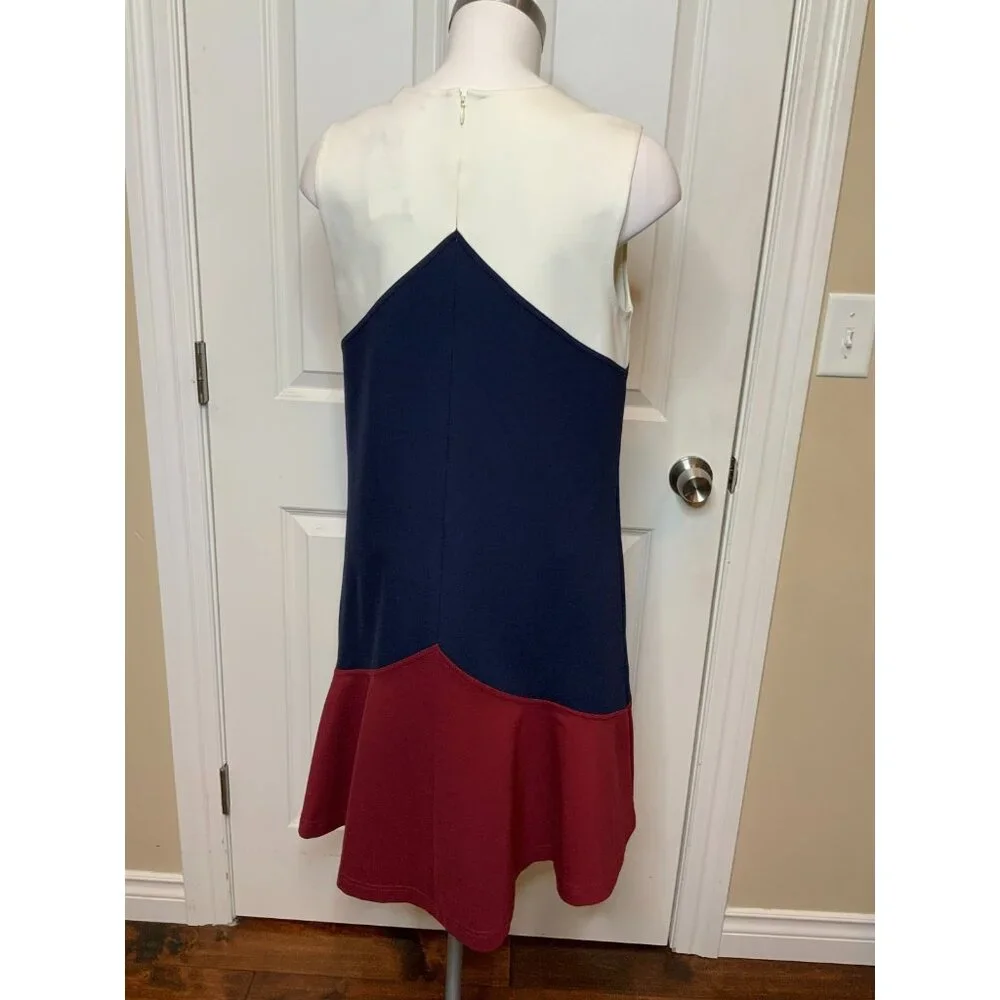 Tory Burch Willa Navy Blue, Maroon & Cream Colorblock A-Line Dress, Size M